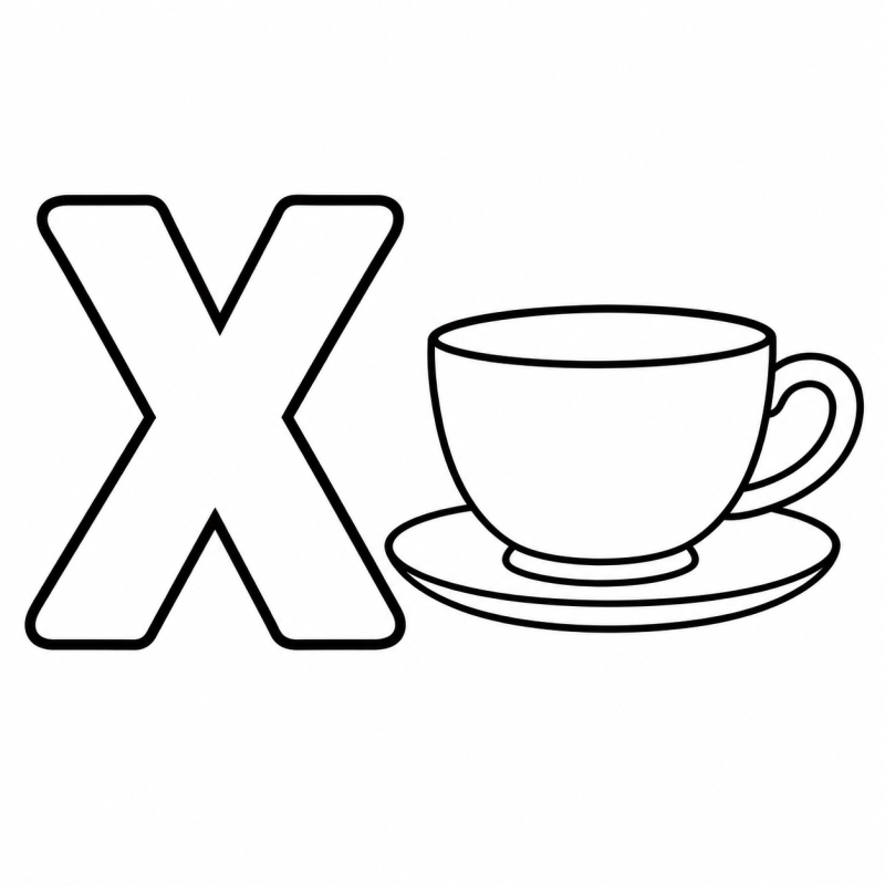 Letra X vazada ao lado de uma xícara com asa e pires para colorir