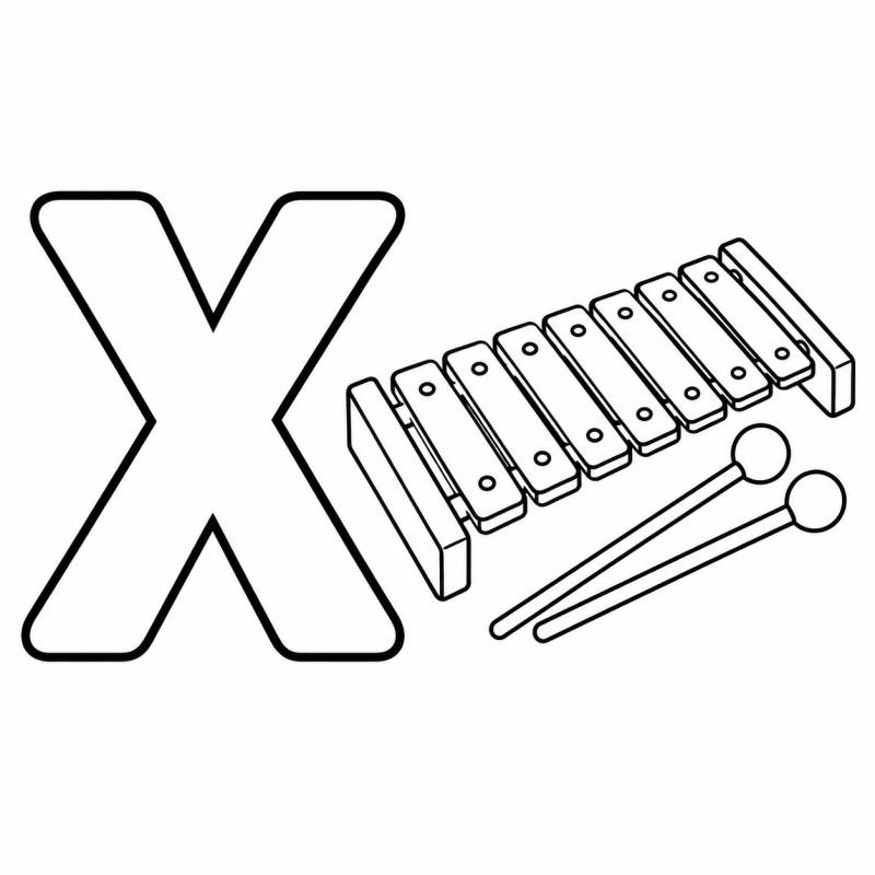 Letra X vazada com xilofone de barras e duas baquetas para colorir
