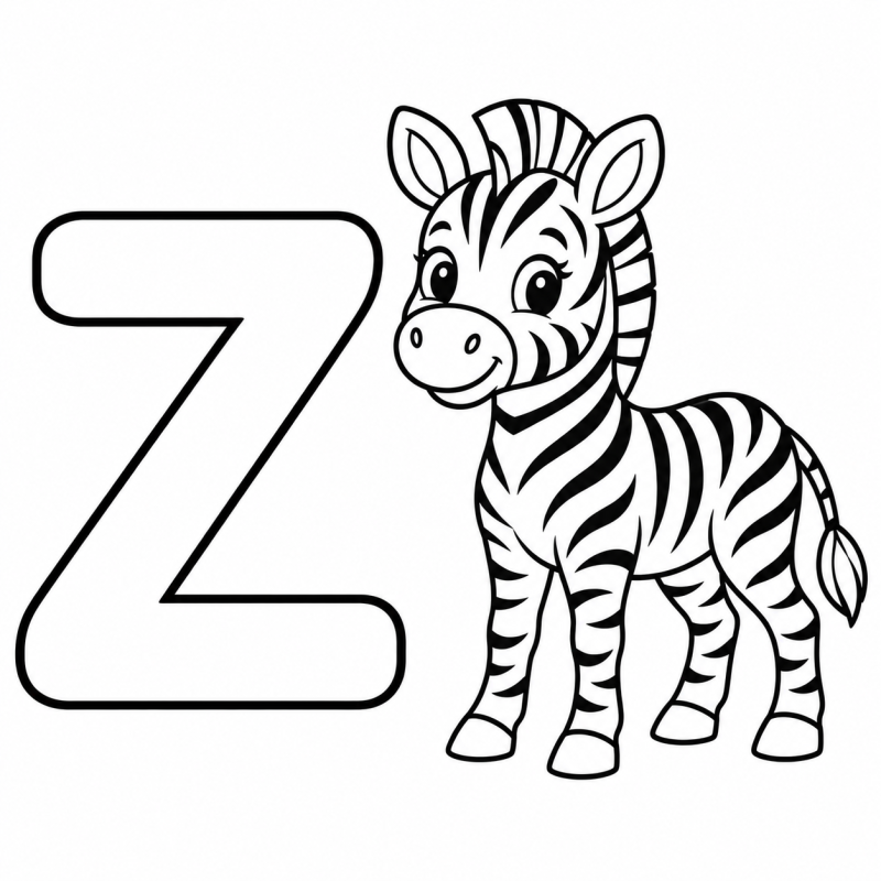 Letra Z vazada ao lado de uma zebra em pé com listras para colorir