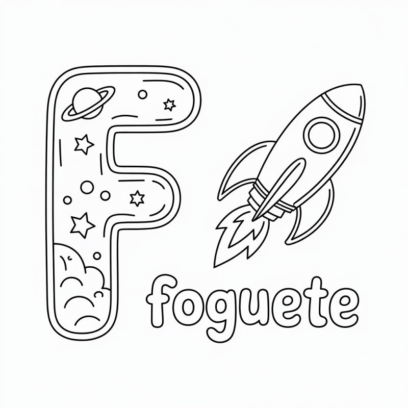 desenho da letra F com temas espaciais e um foguete para colorir