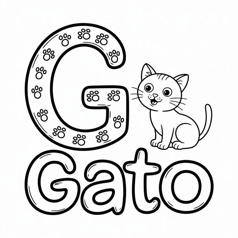 Desenho da letra G com gato para colorir, ideal para crianças