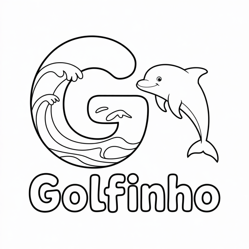 Desenho da letra G com ondas e golfinho para colorir