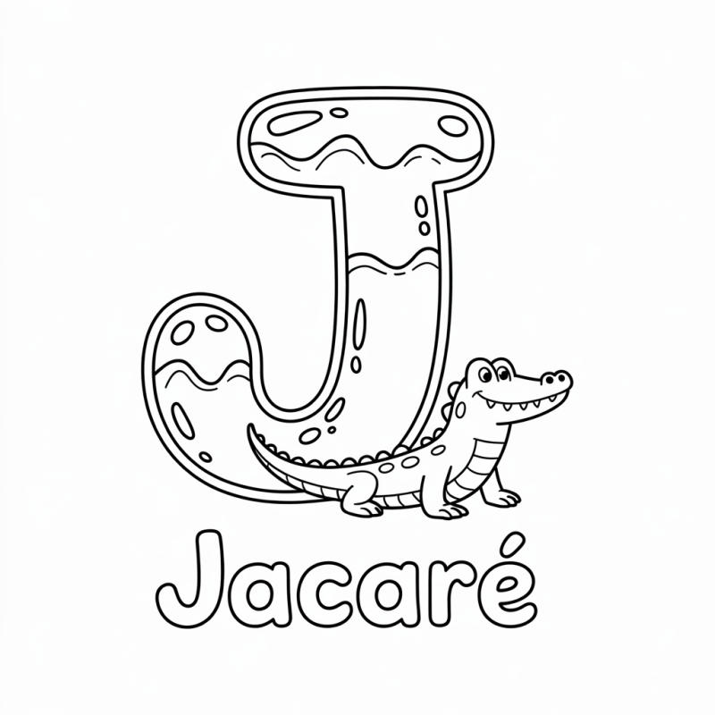 Desenho da letra J estilizada com jacaré sorridente para colorir
