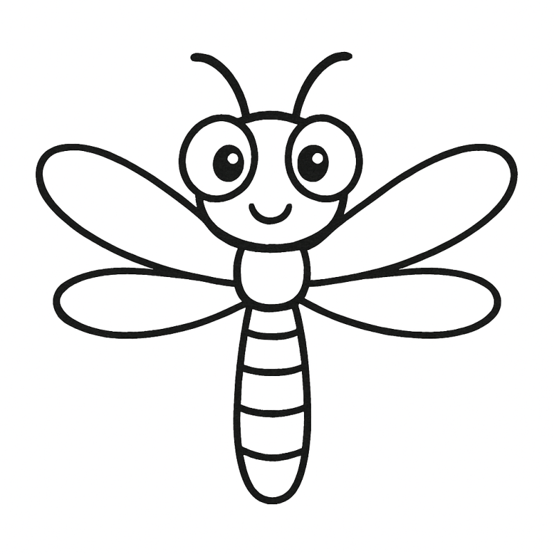 Desenho simplificado de libélula com sorriso para crianças colorirem