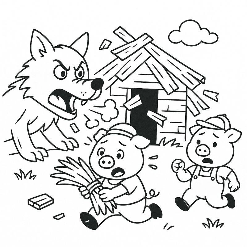 Desenho do lobo soprando a casa de madeira dos porquinhos para colorir