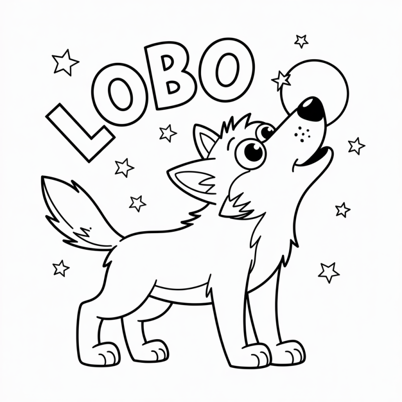 Desenho de Lobo Amigável para Colorir com Palavras