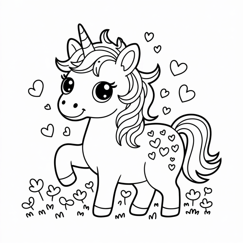 Desenho de um unicórnio adorável com corações e flores ao redor, ideal para colorir