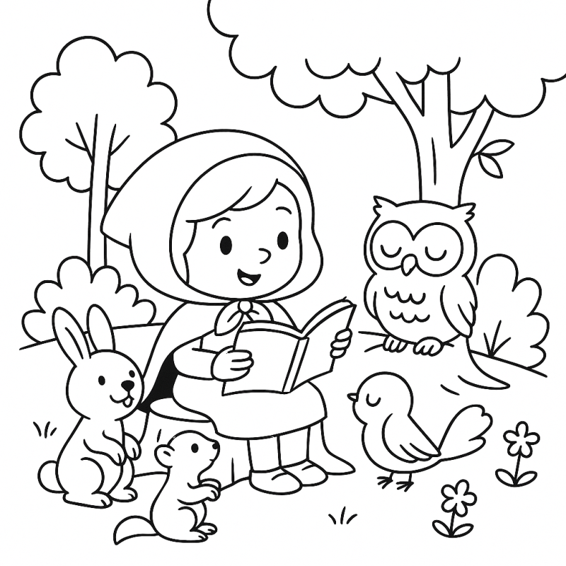 Desenho de Chapeuzinho Vermelho lendo no bosque cercada por animais