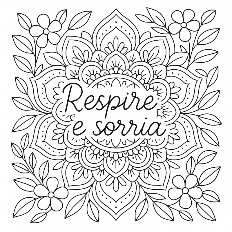 Mandala intricada com frase positiva Respire e Sorria para colorir