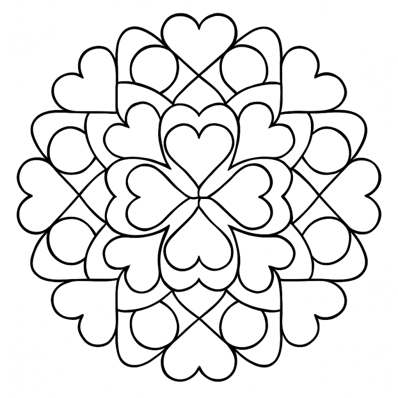 Desenho de mandala com corações geométricos para colorir