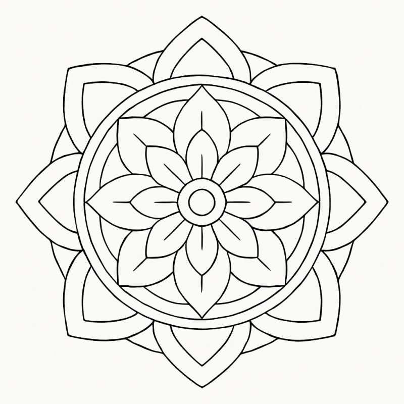 Desenho de uma mandala simétrica e geométrica para colorir, com camadas de pétalas e formas hexagonais