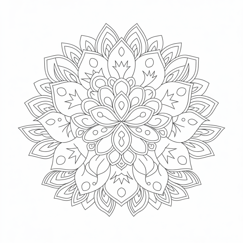 Desenho de mandala simétrica e detalhada para colorir, ideal para relaxar.