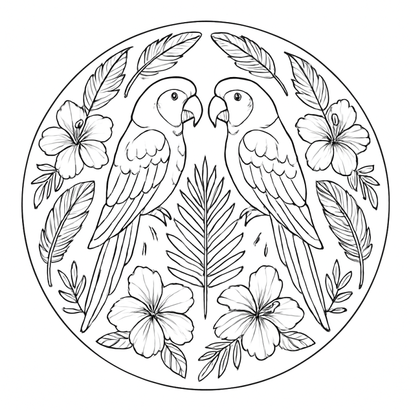 Mandala Circular com Papagaios e Folhagem para Colorir