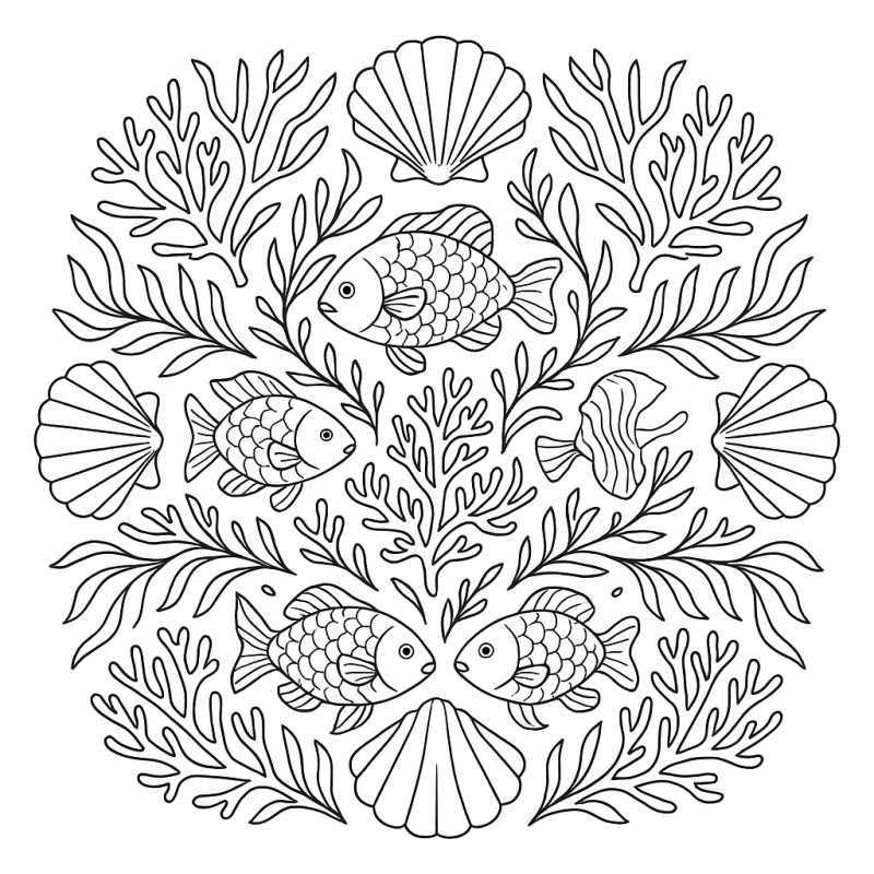 Mandala Aquática: Peixes, Algas, Corais e Conchas