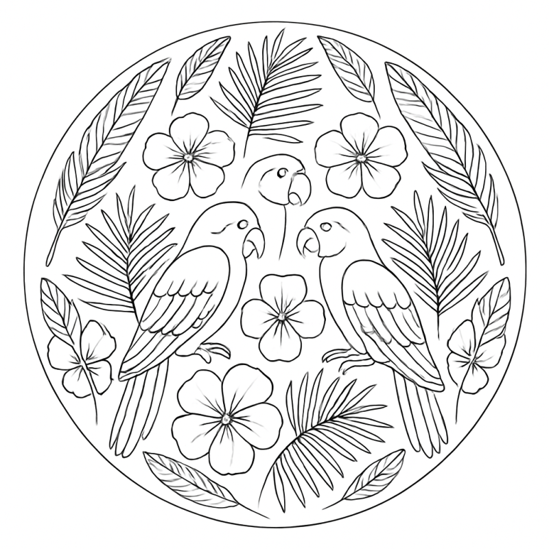 Colorir Mandala de Papagaios e Flores: Arte e Serenidade