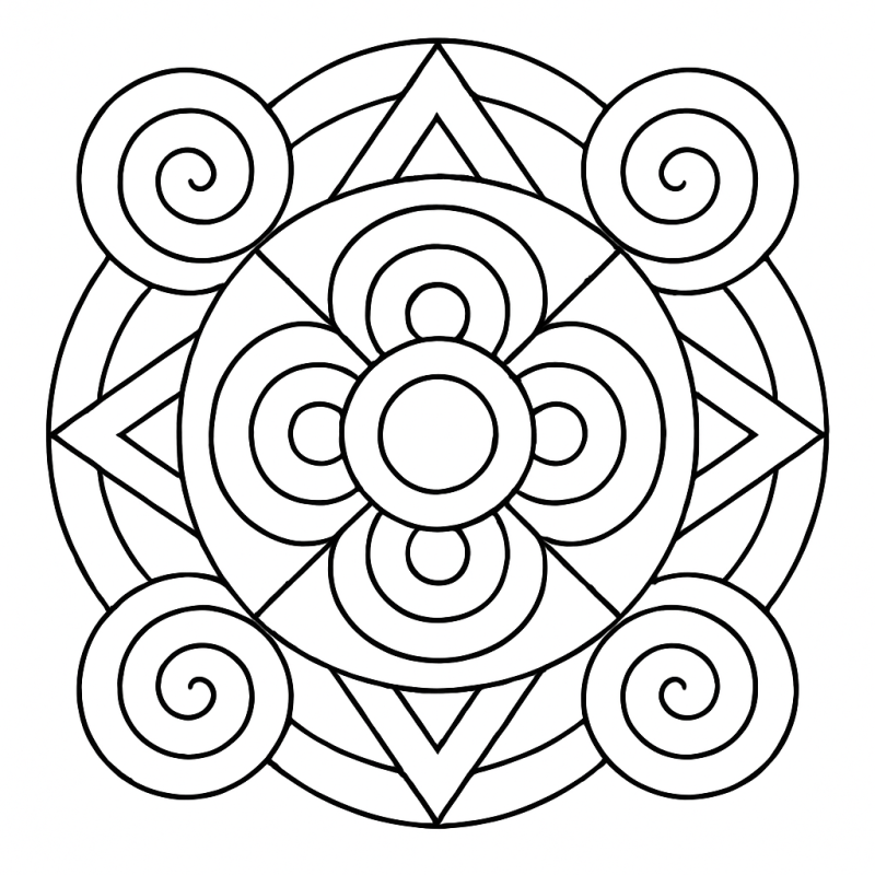 Desenho de mandala geométrica abstrata com espirais e triângulos