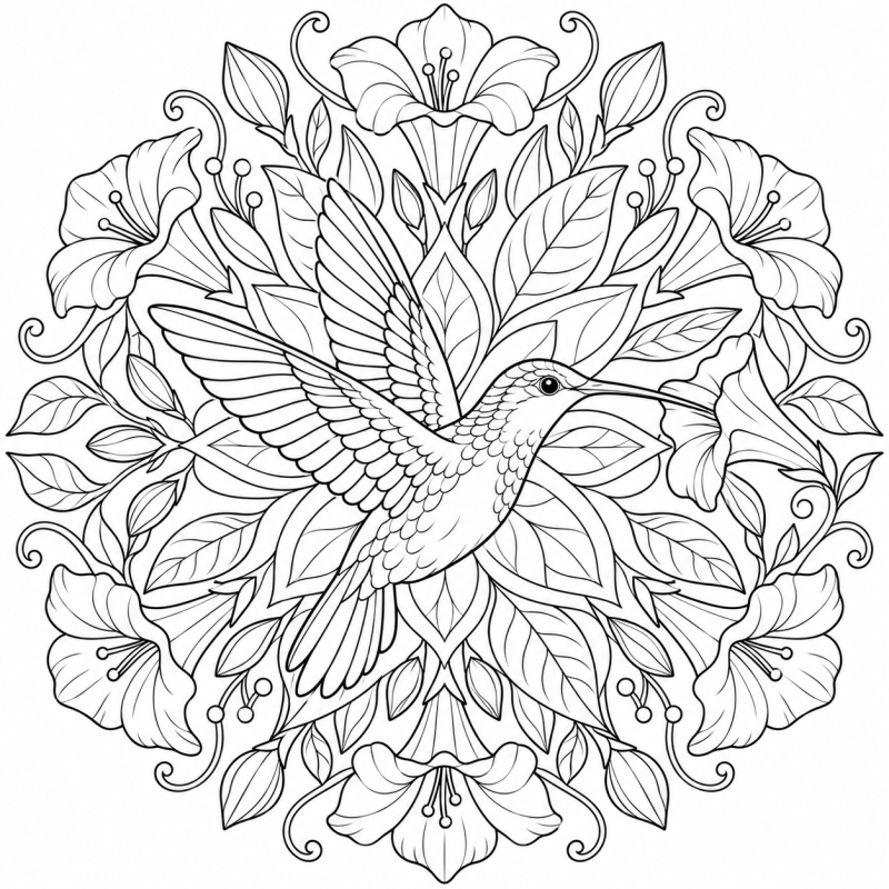 Beija-flor em voo entre flores e folhas organizadas em mandala