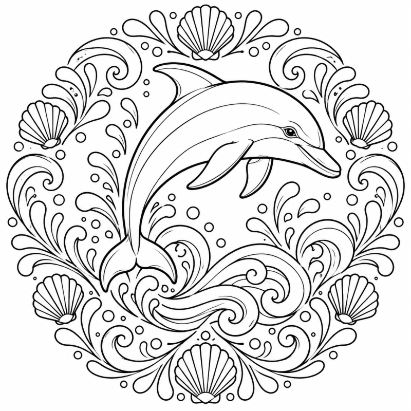 Golfinho saltando sobre ondas dentro de mandala de conchas e gotas