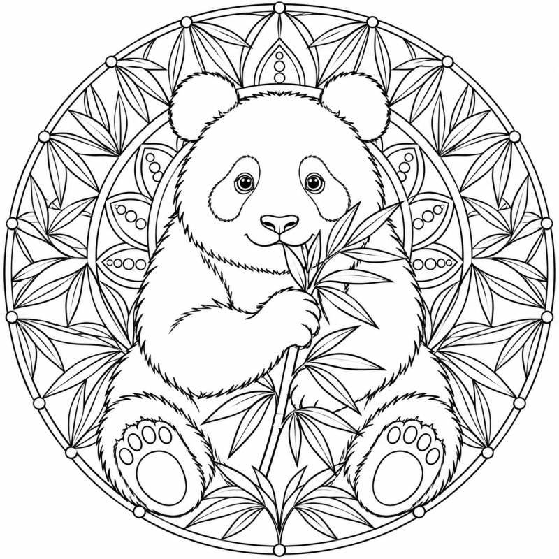 Panda sentado segurando bambu no centro de mandala circular