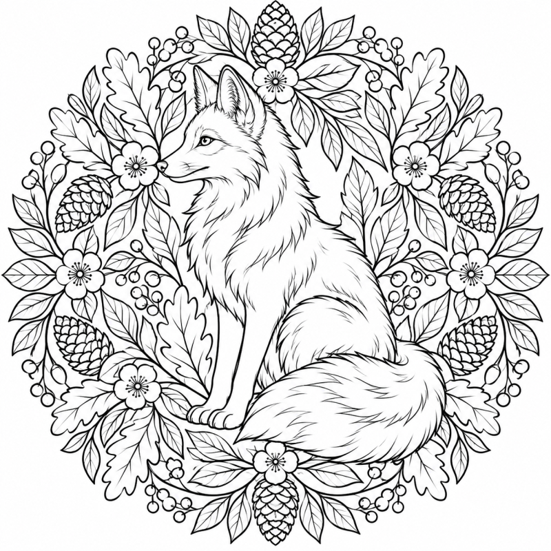 Raposa sentada de perfil entre folhas flores e pinhas