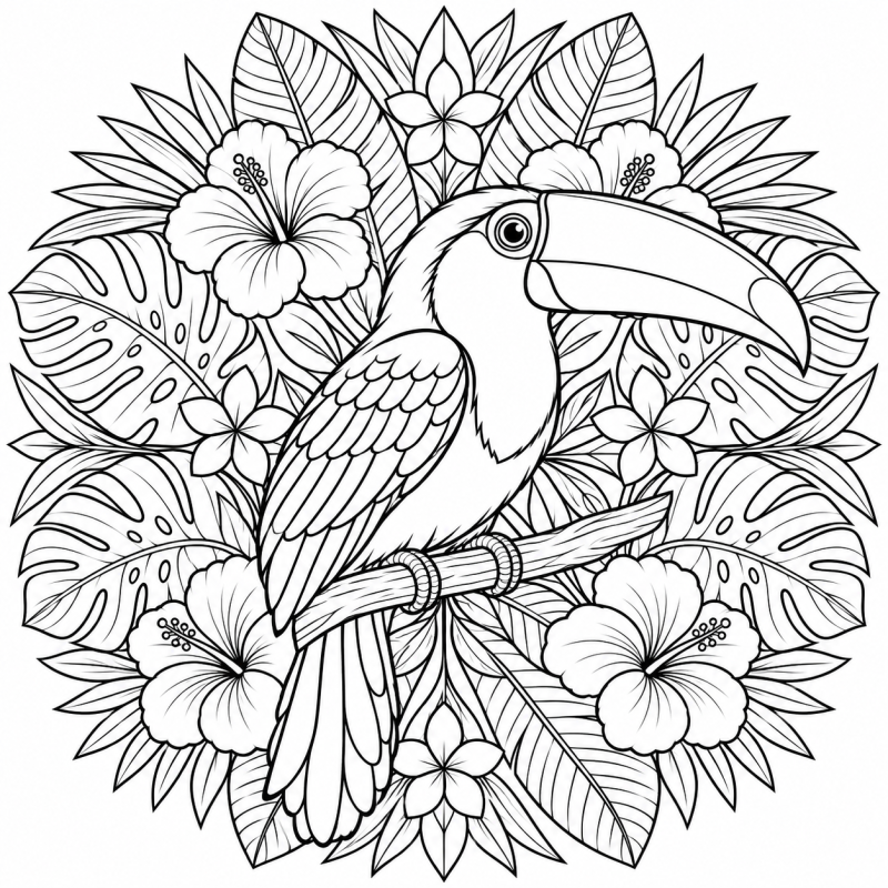 Tucano de perfil em galho diante de mandala de folhas e flores tropicais
