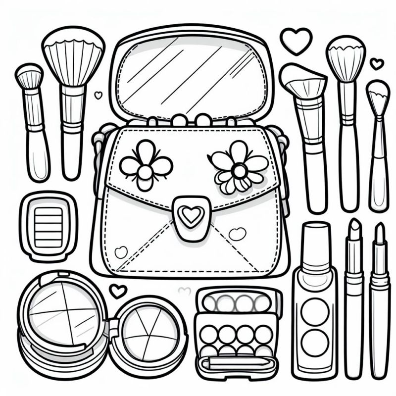 Desenho para colorir de um kit de maquiagem detalhado e organizado