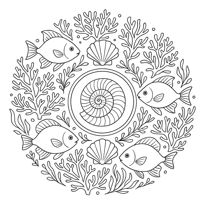 Mandala Marinha com Peixes e Conchas para Colorir