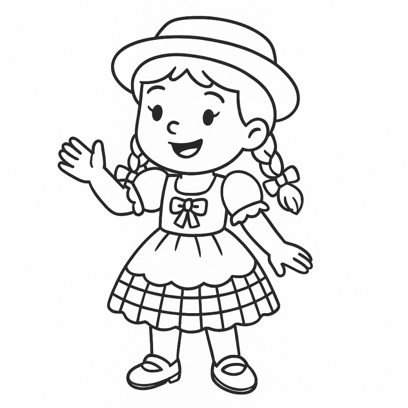 Desenho de menina sorridente de festa junina com tranças e vestido típico para colorir
