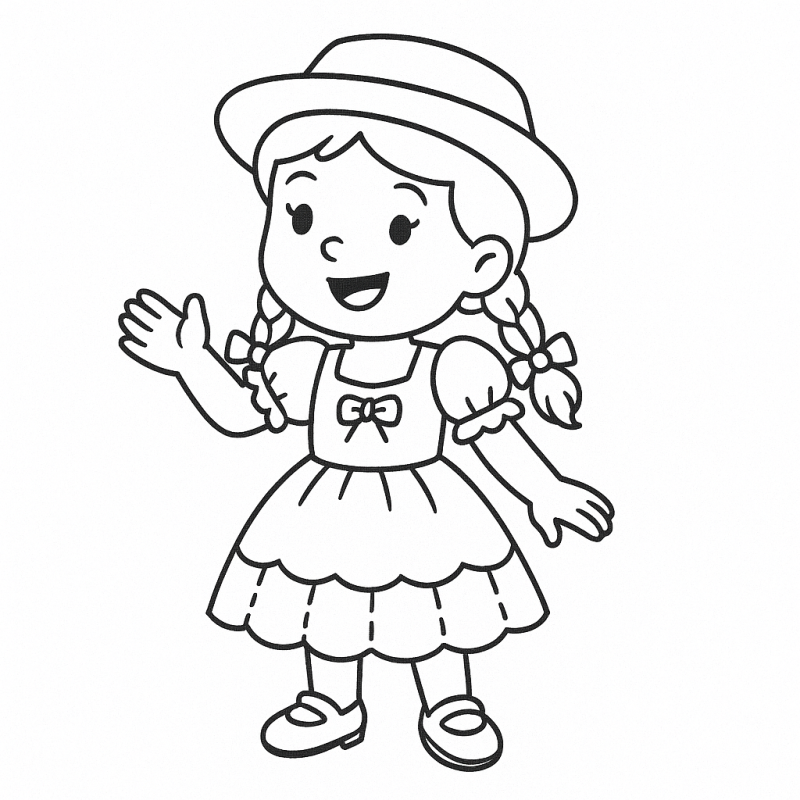 Menina com vestido de festa junina e laço, pronta para colorir