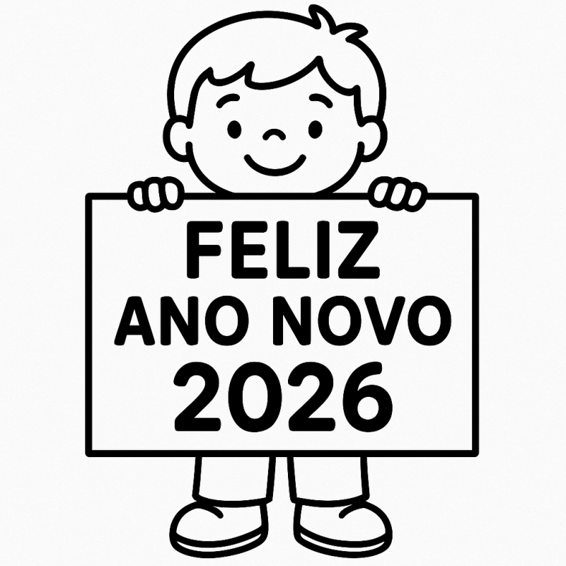 Desenho de um menino sorridente segurando um cartaz de Feliz Ano Novo 2026