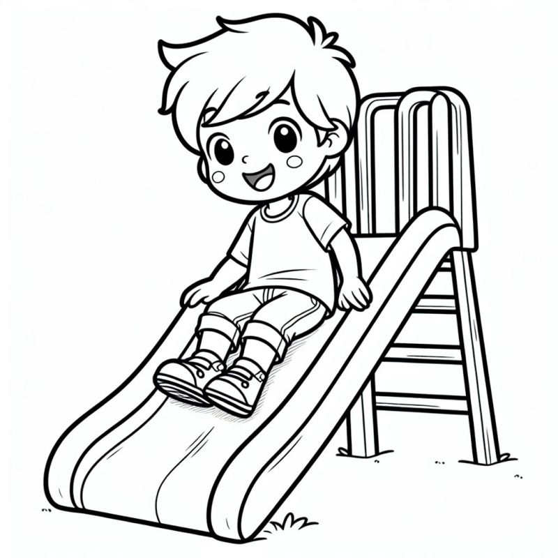 Menino feliz no topo de um escorregador pronto para descer, em desenho para colorir