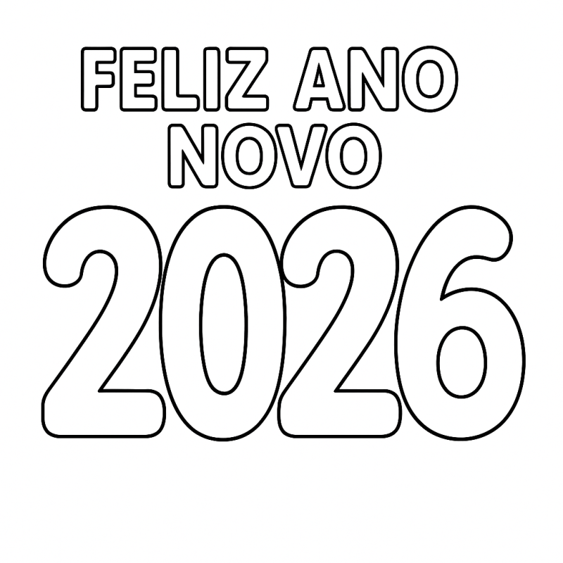 Desenho de Feliz Ano Novo 2026 com mensagem e números para colorir