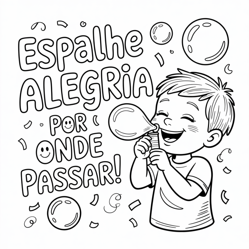 Desenho para colorir com mensagem positiva: Espalhe alegria e as bolhas de felicidade.