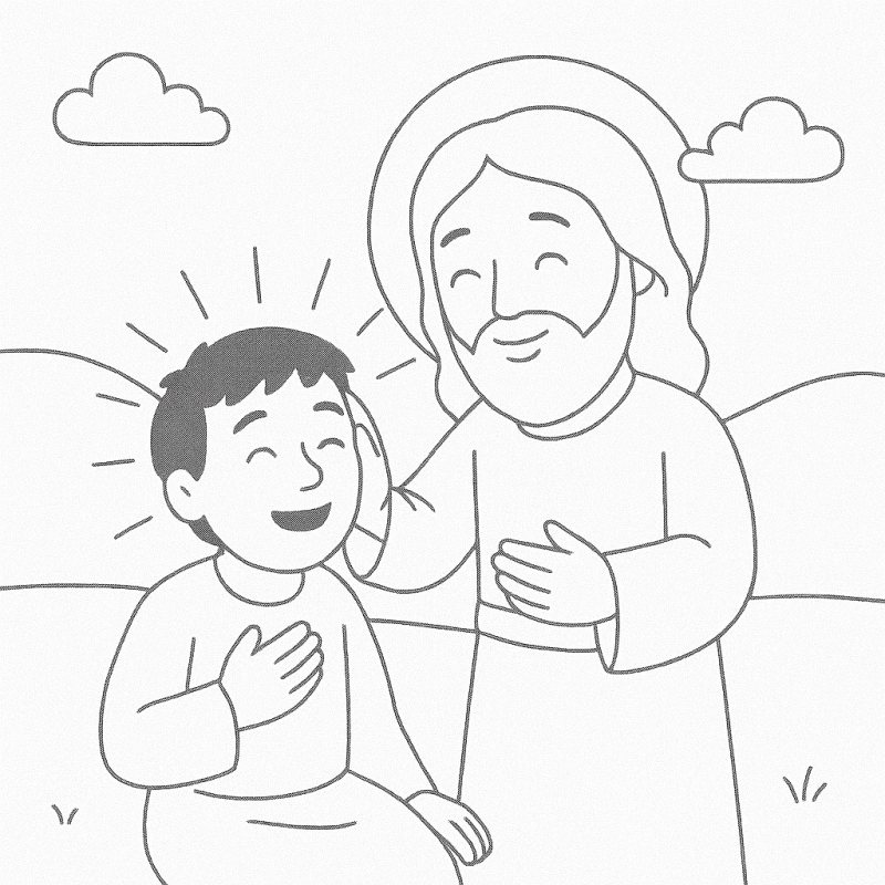 Desenho de Jesus curando o cego de nascença estilo cartoon, para colorir