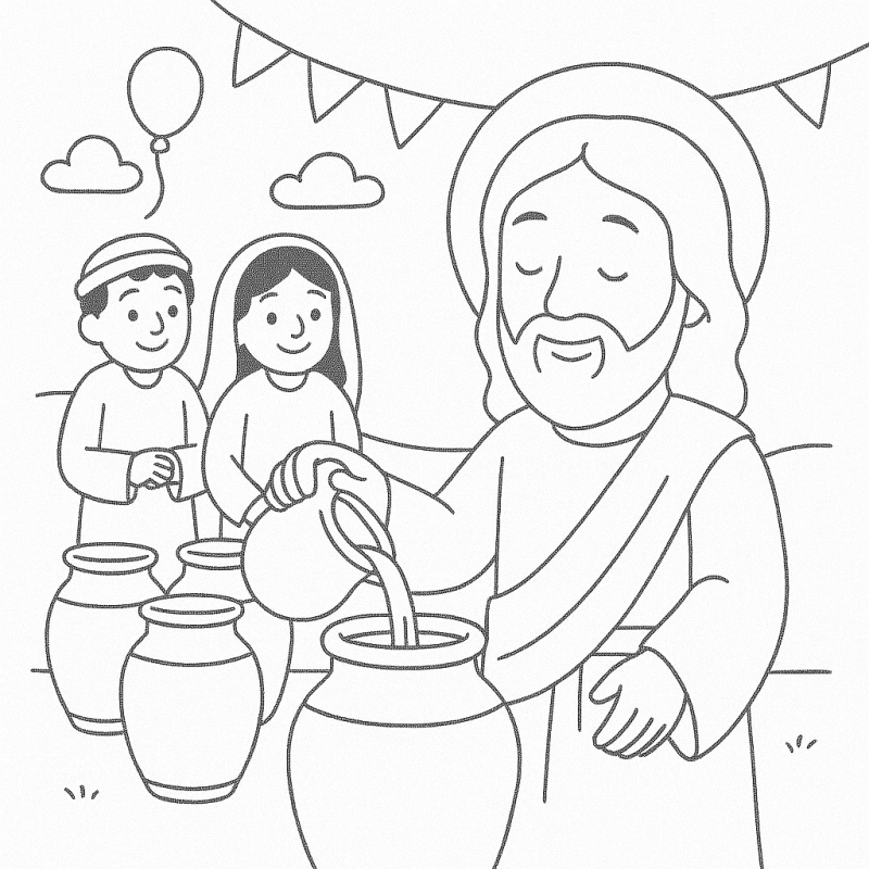 Desenho de Jesus transformando água em vinho na festa de casamento