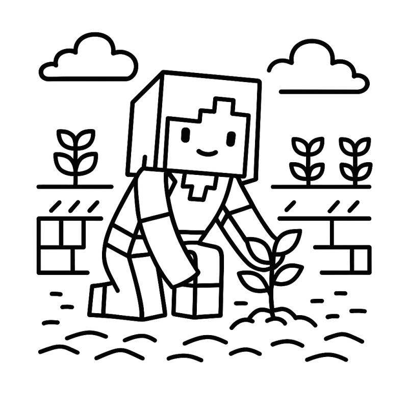 Desenho de personagem Minecraft pixelado plantando muda para colorir