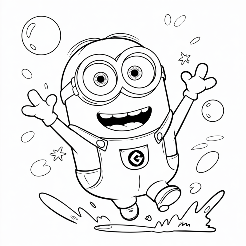 Desenho do Minion saltitante com bolhas e estrelas para colorir