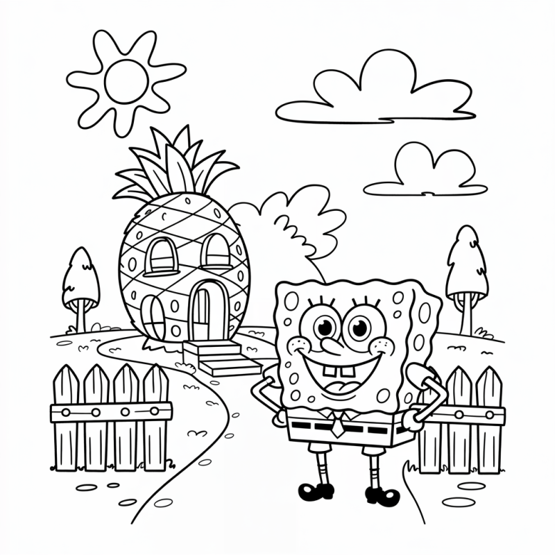 Desenho do Bob Esponja em cenário alegre para colorir