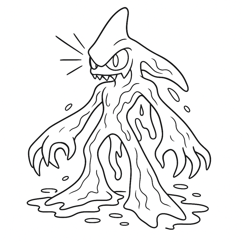 Desenho de um monstrinho com corpo líquido e dentes afiados para colorir