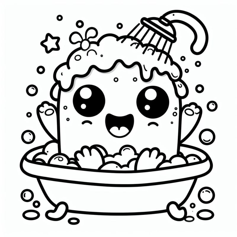 Desenho de um monstrinho tomando banho com bolhas de sabão, ideal para colorir
