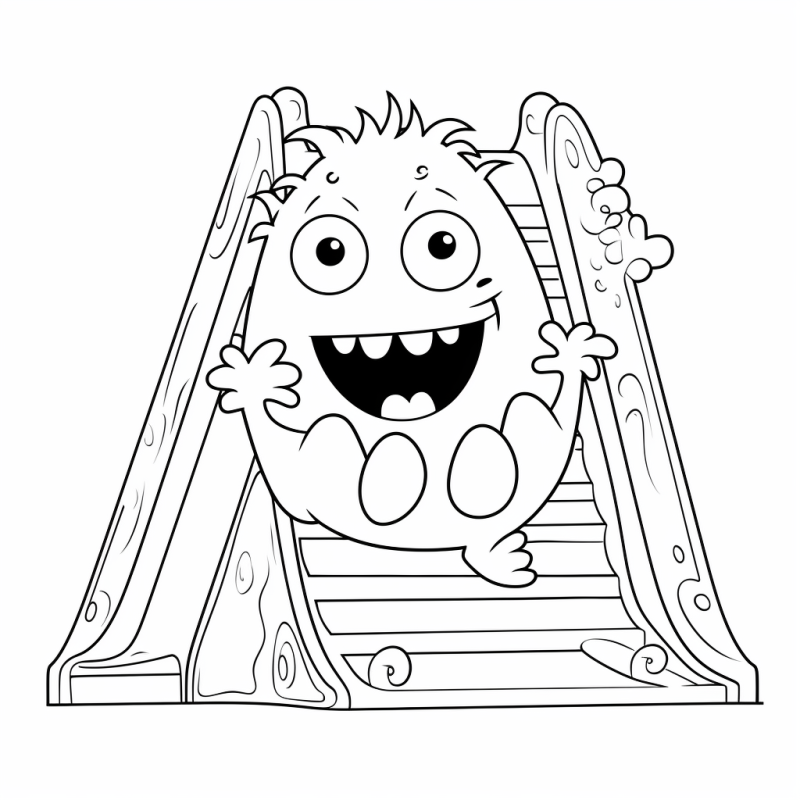 Monstrinho Moki sorrindo enquanto escorrega no escorregador, desenho em preto e branco para colorir