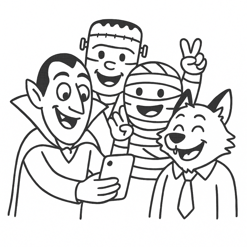 Desenho Divertido de Personagens do Halloween Para Colorir Vampiro, Frankenstein, Múmia e Lobisomem felizes posando para selfie