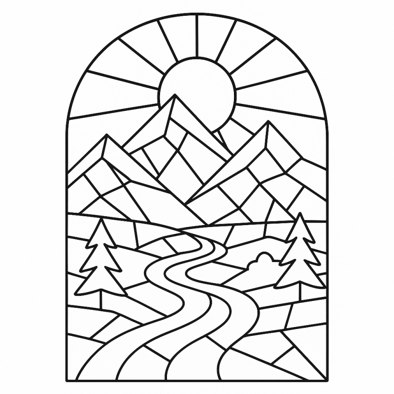 Desenho de vitral com montanhas, sol e árvores para colorir
