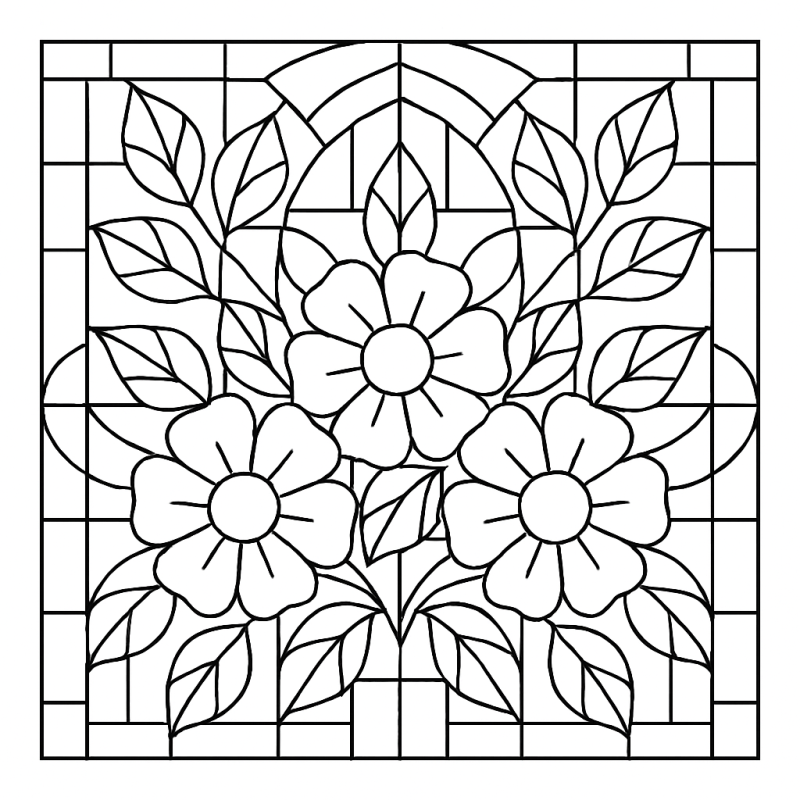 Desenho de mosaico floral inspirado em vitrais com flores e folhas simétricas para colorir