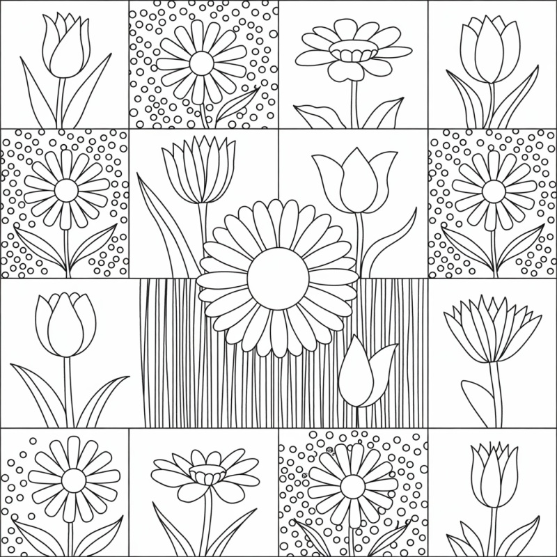 Mosaico de ilustrações de flores estilizadas para colorir, divididas em 12 quadrados.