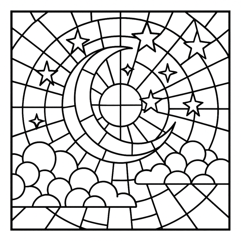 Desenho em mosaico de vitral celestial com lua crescente e estrelas