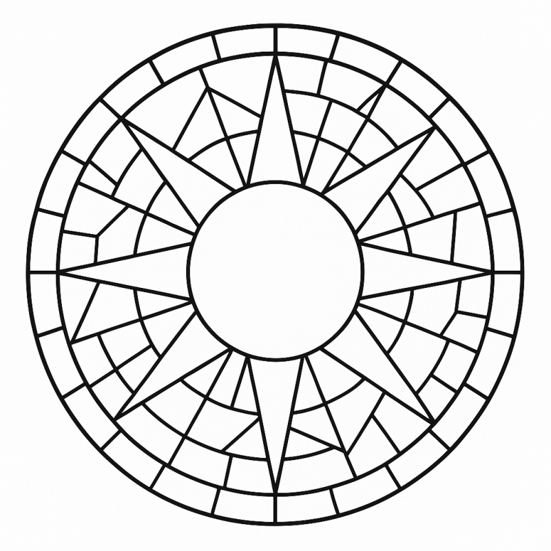 Desenho de mosaico circular inspirado em vitral para colorir