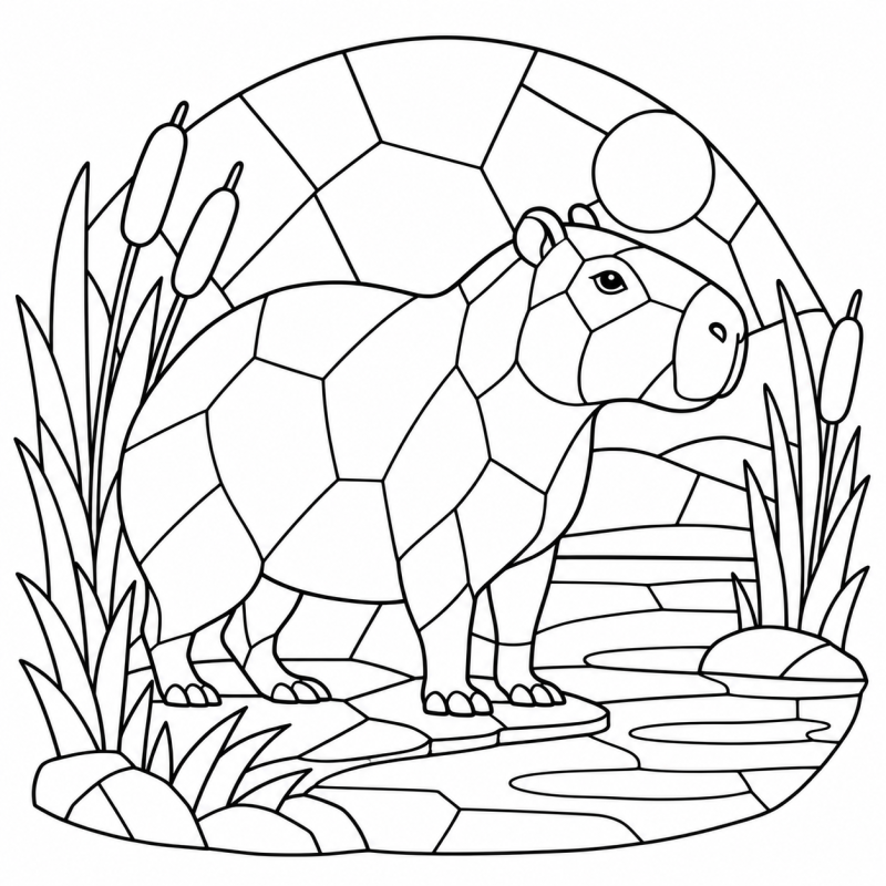 Capivara junto ao lago e plantas formada por partes de mosaico