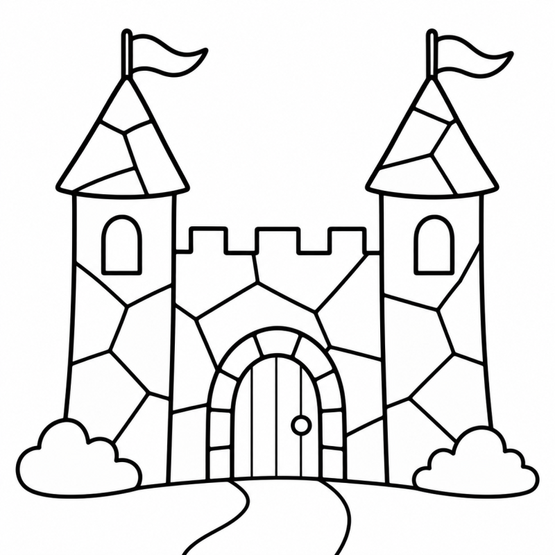 Castelo com duas torres, bandeiras e paredes em peças grandes de mosaico