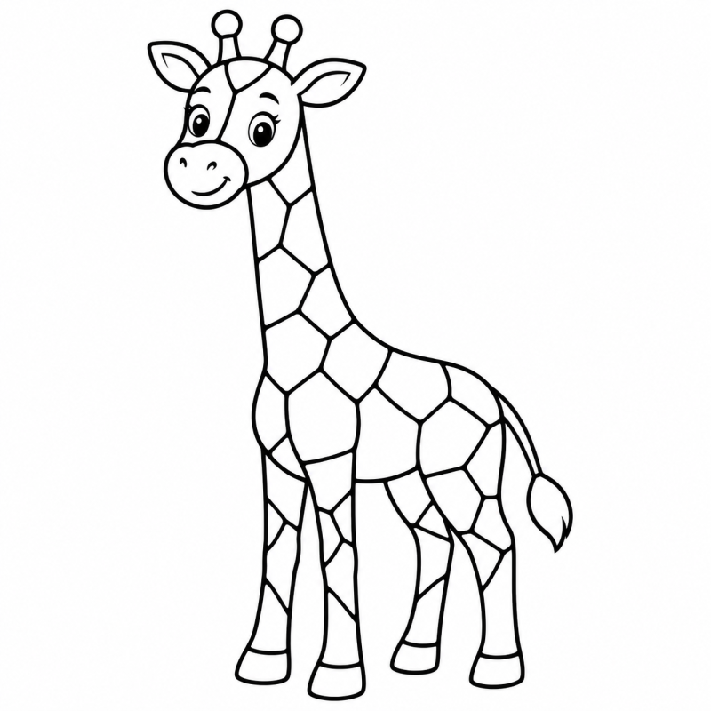 Girafa em pé com pescoço comprido e corpo dividido em grandes partes de mosaico